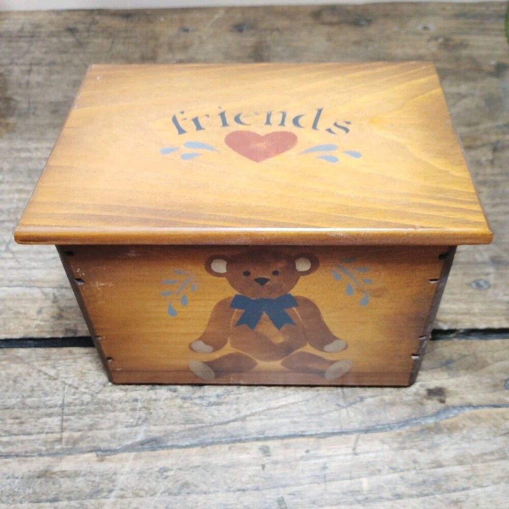 Vintage Hand Painted Wood Recipe Box Trinket Removable Lid Bear Heart Country